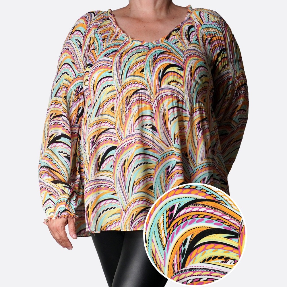 Melissa Paige Vibrant Plisse Swirl XL 1X 2X Multicolor Peasant Blouse Boho Chic
